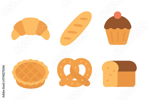 Vector Assorted baked goods: croissant, baguette, cupcake, pie, pretzel, bread