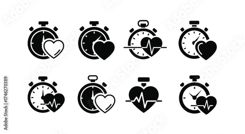 Vector art of stopwatch with heart icon set symbol of health and sport time is life