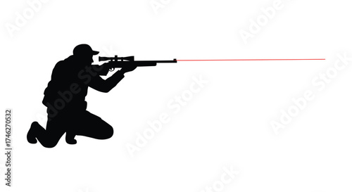 Silhouette of a hunter aiming a rifle with a scope in a focused posture representing precision and accuracy