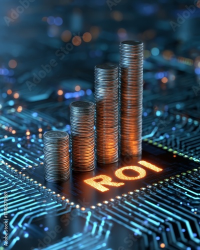 Successful stock market statistical information and trends. Illuminated Financial Interface with Vibrant Bar Chart and High ROI Indicator