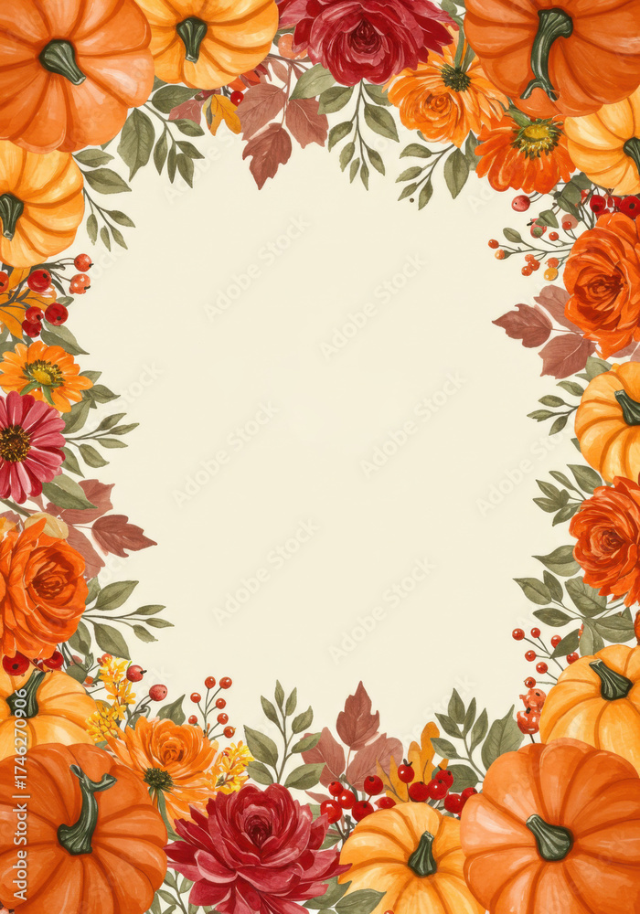 Fototapeta premium Rich watercolor autumn border with orange pumpkins, fall flowers, berries, and foliage on a cream background