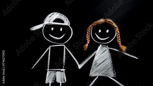 Chalk drawing of a boy and girl holding hands on a blackboard.