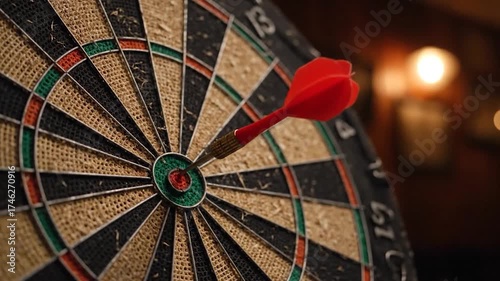 Red dart bullseye on traditional dartboard perfect aim precision game target goal success