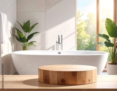 Modern bathroom interior with wooden podium and plants for product display