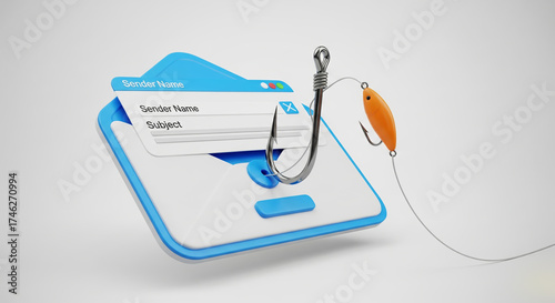 Conceptual 3d render of an email icon caught by a fishing hook symbolizing a phishing scam and cybersecurity threat