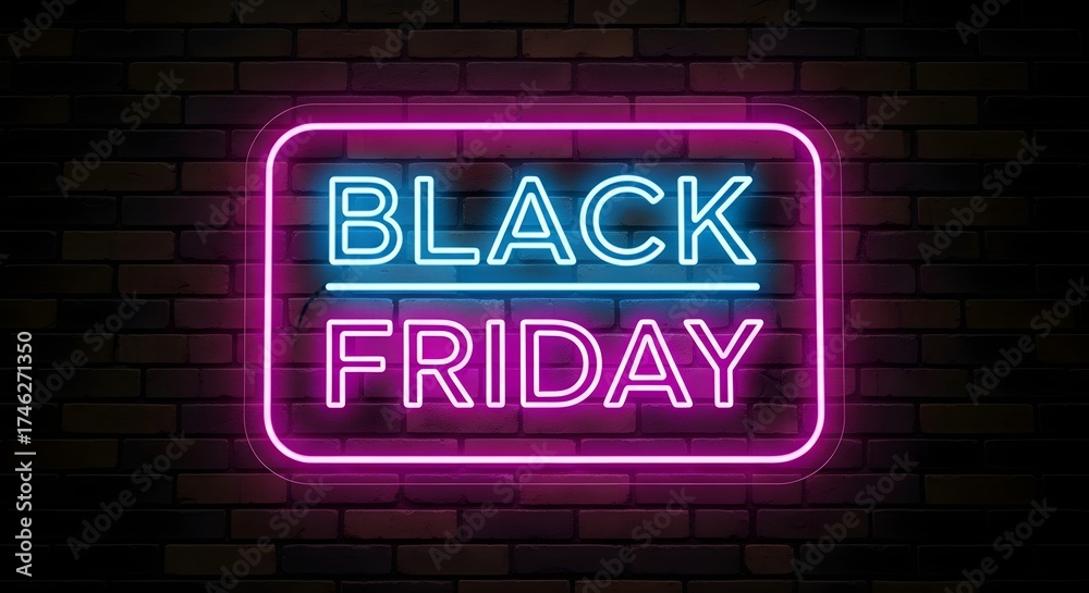 Fototapeta premium Neon sign with the text black friday glowing in blue and pink against a dark brick wall, representing a sale event