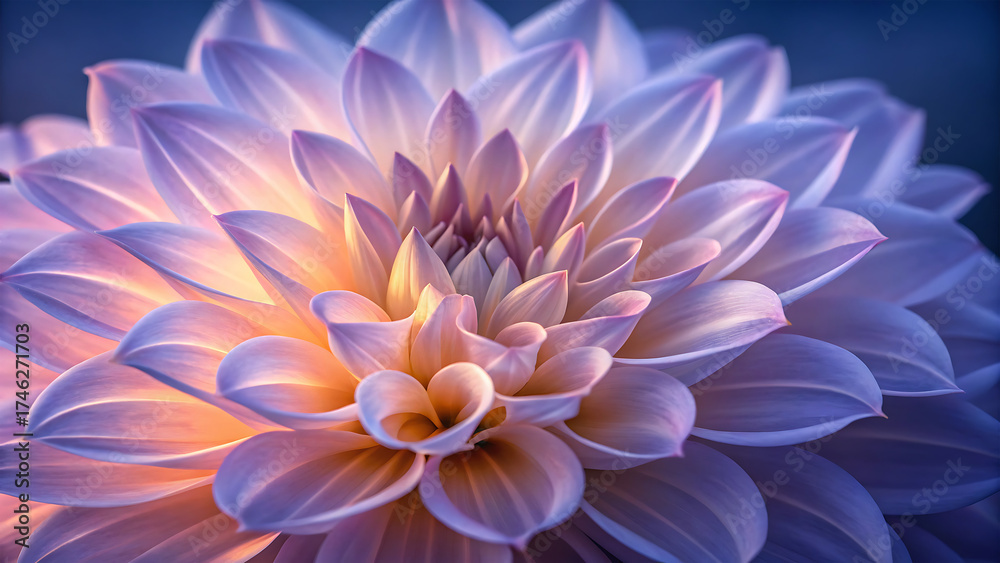 Fototapeta premium Close up of a luminous dahlia flower with delicate petals in soft purple and orange light