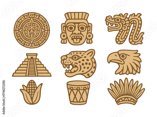 Vector Aztec symbols and icons: jaguar, temple, feather headdress, eagle, corn, drum in brown design
