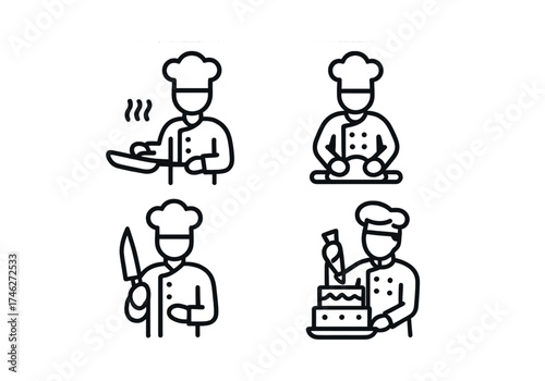 Vector Chef icons: cooking, baking, chopping, and garnishing in line art style