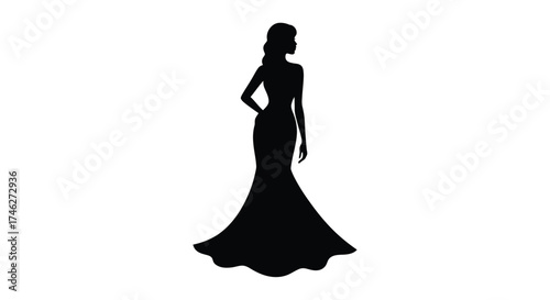 Elegant silhouette of a woman in a full length evening gown standing gracefully
