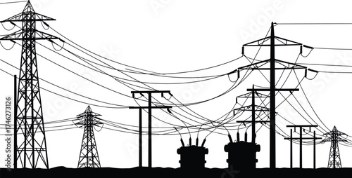 Black silhouette of high voltage electric transmission towers, utility poles, and transformers with power lines for industrial energy vector illustration