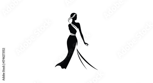 Elegant silhouette of a woman in a flowing gown and sash for fashion beauty and glamour