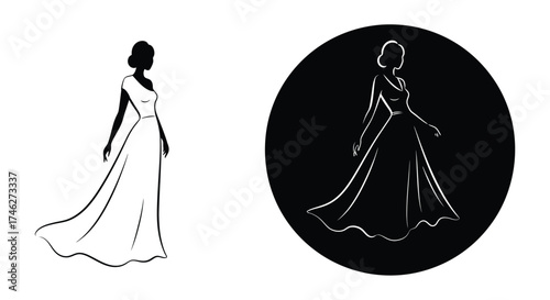 Elegant woman in a flowing gown silhouette against a contrasting circular emblem detailed artistic rendering