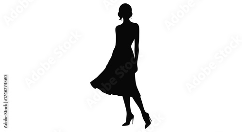 Elegant silhouette of a woman in a flowing dress on a white canvas demonstrating grace and style