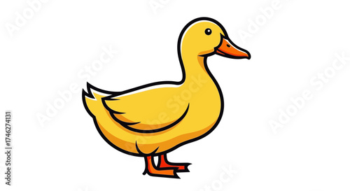 Cartoon illustration of a yellow duck with an orange beak on white.