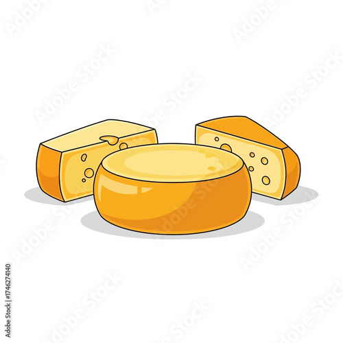 Three pieces of cheese different shapes and sizes on a white background.
