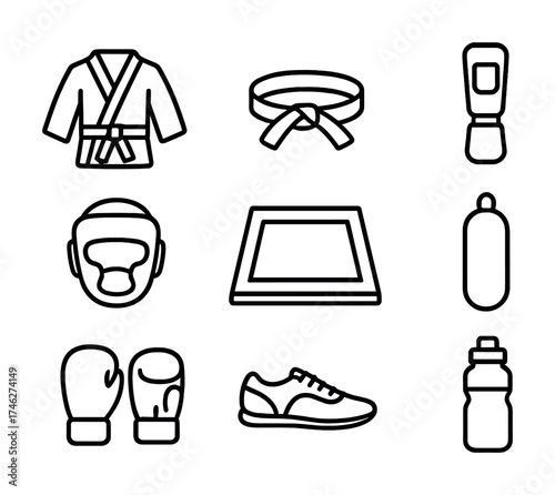 Vector Martial arts icons collection featuring gear and equipment line art design