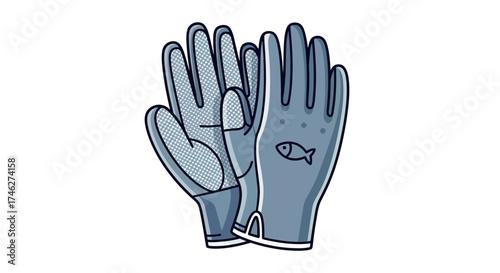 Two blue gloves with fish graphic isolated on white background.