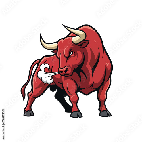 Red bull cartoon illustration with white background.