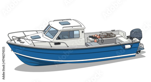 Blue and white boat with cabin and outboard motor on water.