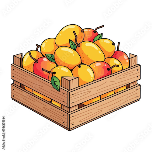 Wooden crate filled with yellow and red mangoes isolated on white background.
