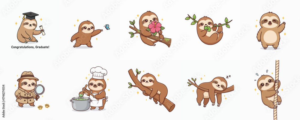 Fototapeta premium Collection of cute cartoon sloth illustrations depicting various humorous activities with accessories