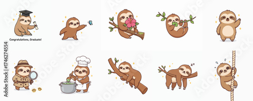 Collection of cute cartoon sloth illustrations depicting various humorous activities with accessories