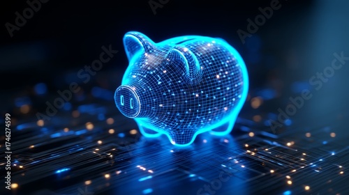 Financial Diversification and Portfolio Expansion, investment strategy. Piggy Bank Icon Glowing on Blockchain Pattern Background - Digital Savings and Investing Concept with Copy Space for Text