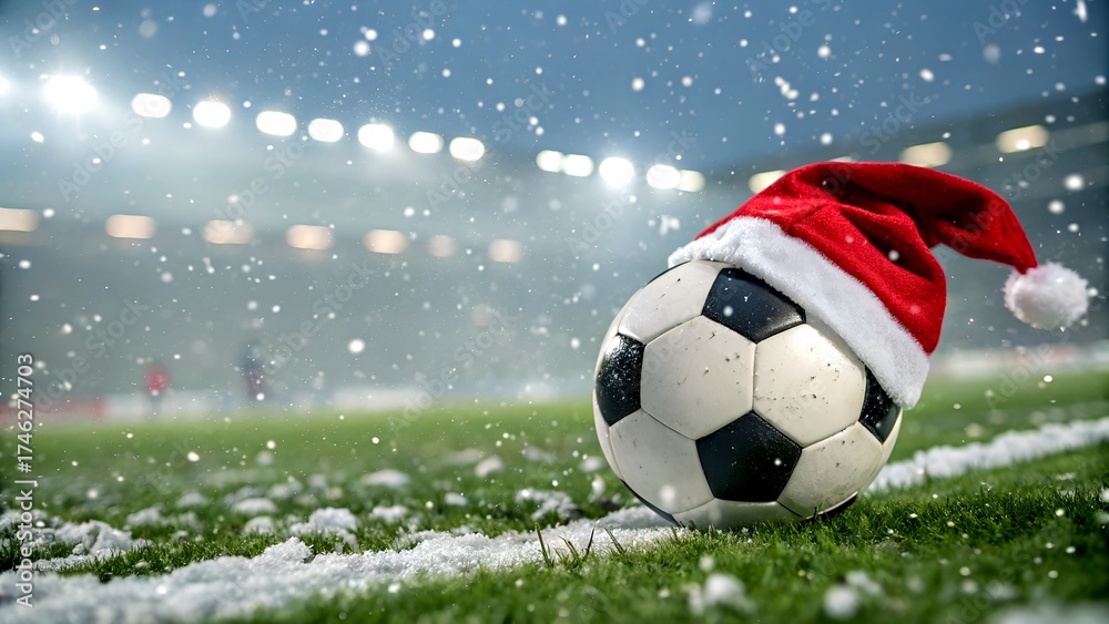 Naklejka premium Christmas Soccer Ball with Santa Hat on Snowy Field at Stadium.