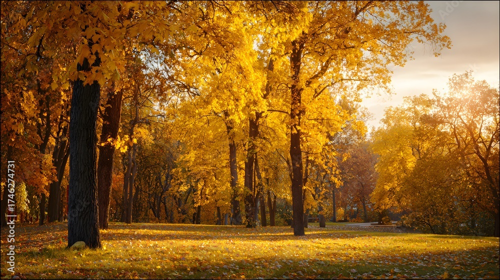 Fototapeta premium Beautiful autumn park bathed in golden sunlight