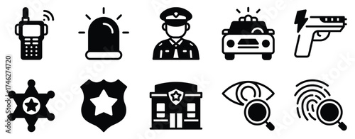 police icon solid mix style officer badge patrol car siren vector glyph symbol ui minimal flat web app for law justice and city safety