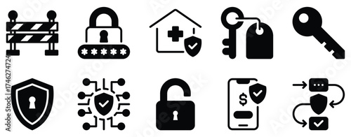 protection and security icon solid mix style shield lock privacy vector glyph symbol ui minimal flat web app defense risk monitoring compliance