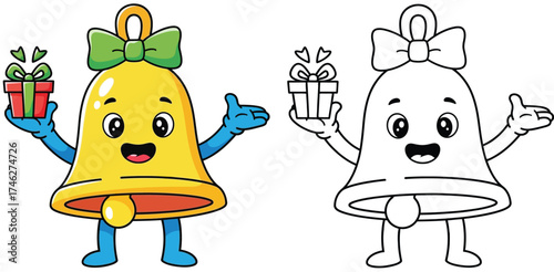 Cute Cartoon Christmas Bell with Gift Coloring Page Illustration