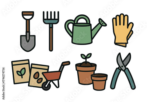 Vector Colorful gardening tools illustration: shovel, rake, watering can, gloves, seeds, wheelbarrow, pots, pruners