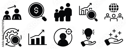 market research icon solid mix style survey poll study analysis insight data report segment target user vector glyph ui minimal flat web app infographic