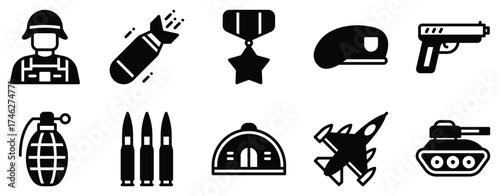 military icon solid mix style uniform badge rank star shield vector glyph symbol ui minimal flat web app defense patrol service and command