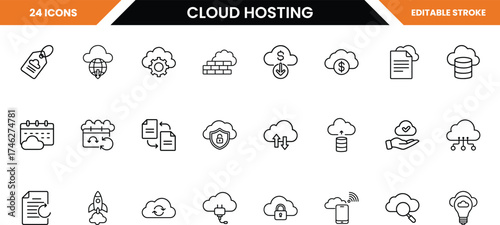 Cloud hosting icons set, isolated on white background, representing various cloud computing services and data storage solutions