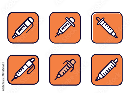 Six orange square icon illustrations of various syringes and needles on white
