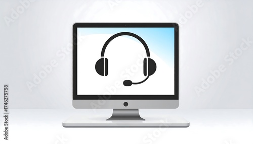 Modern Computer Monitor Displaying a Headset Icon for Customer Support or Help