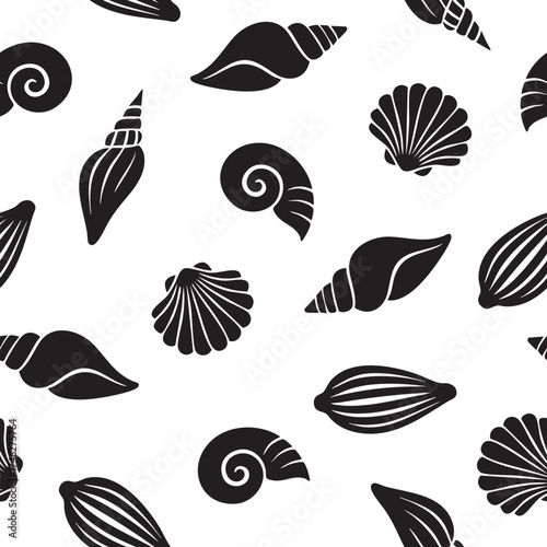 Seamless pattern of black seashells on white, featuring conch, spiral, and scallop shapes