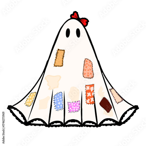 Cute Patchwork Ghost with Red Bow and Lace Hem - Cozy Halloween Illustration. 