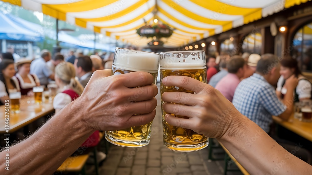 Obraz premium A lively Oktoberfest banner showing clinking large beer mugs overflowing with foam, Oktoberfest celebration concept, beer festival. beer festival. Ice drinks beer, created with generative ai