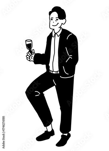 Man holding a wine glass illustration (monochrome line art)