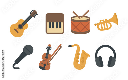 Vector Musical instrument icons with guitar, piano, drum, trumpet, microphone, violin, saxophone, headphones