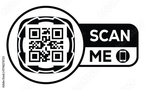 Minimalist black and white QR code icon with “Scan Me” label and smartphone symbol. Clean modern design ideal for digital access, marketing, payments, and contactless technology concepts.