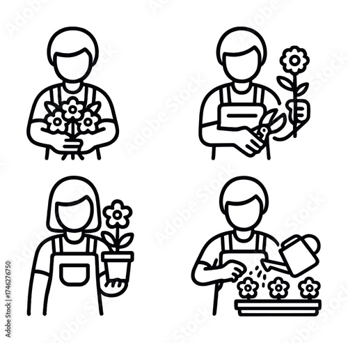 Vector Gardening icons: people cultivating flowers and plants in line art style