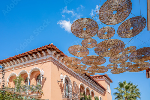 Mediterranean Style La Roca Shopping Village with Woven Basket Art Installation, Barcelona Area, Hanging Wicker Shades, Luxury Outlet Summer Shopping