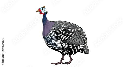 Guinea fowl standing on a white background.