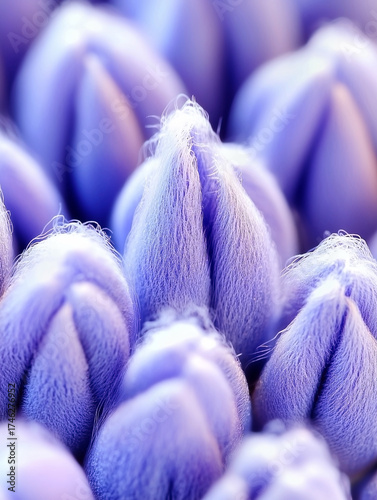 Close up of purple flowers with fuzzy petals. The flowers are purple and have a fuzzy texture