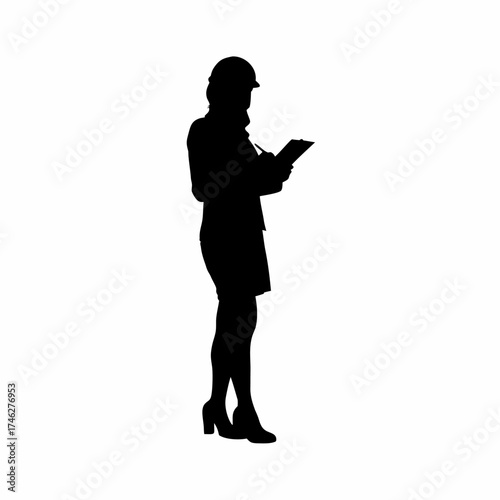 Silhouette of a female engineer taking notes near construction crane isolated on white background
